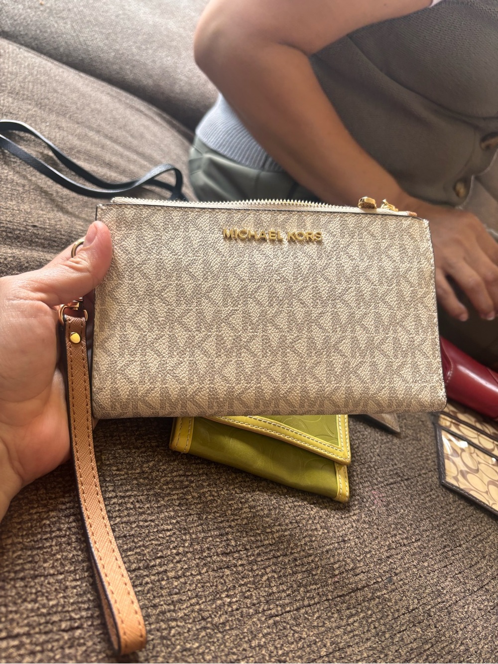 Michael Kors Beige Logo Print Wristlet with Tan Strap